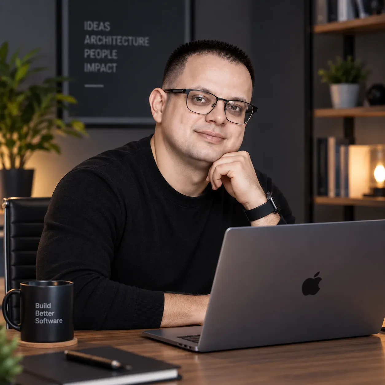 Ferencz Farkas at his desk with a laptop, resting his chin on his hand