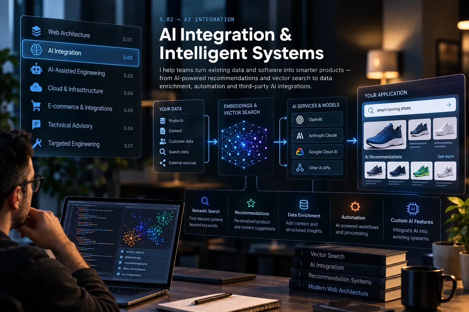 Data flowing from products, content and customer data through embeddings and vector search and third-party AI services into an application with semantic search and AI recommendations