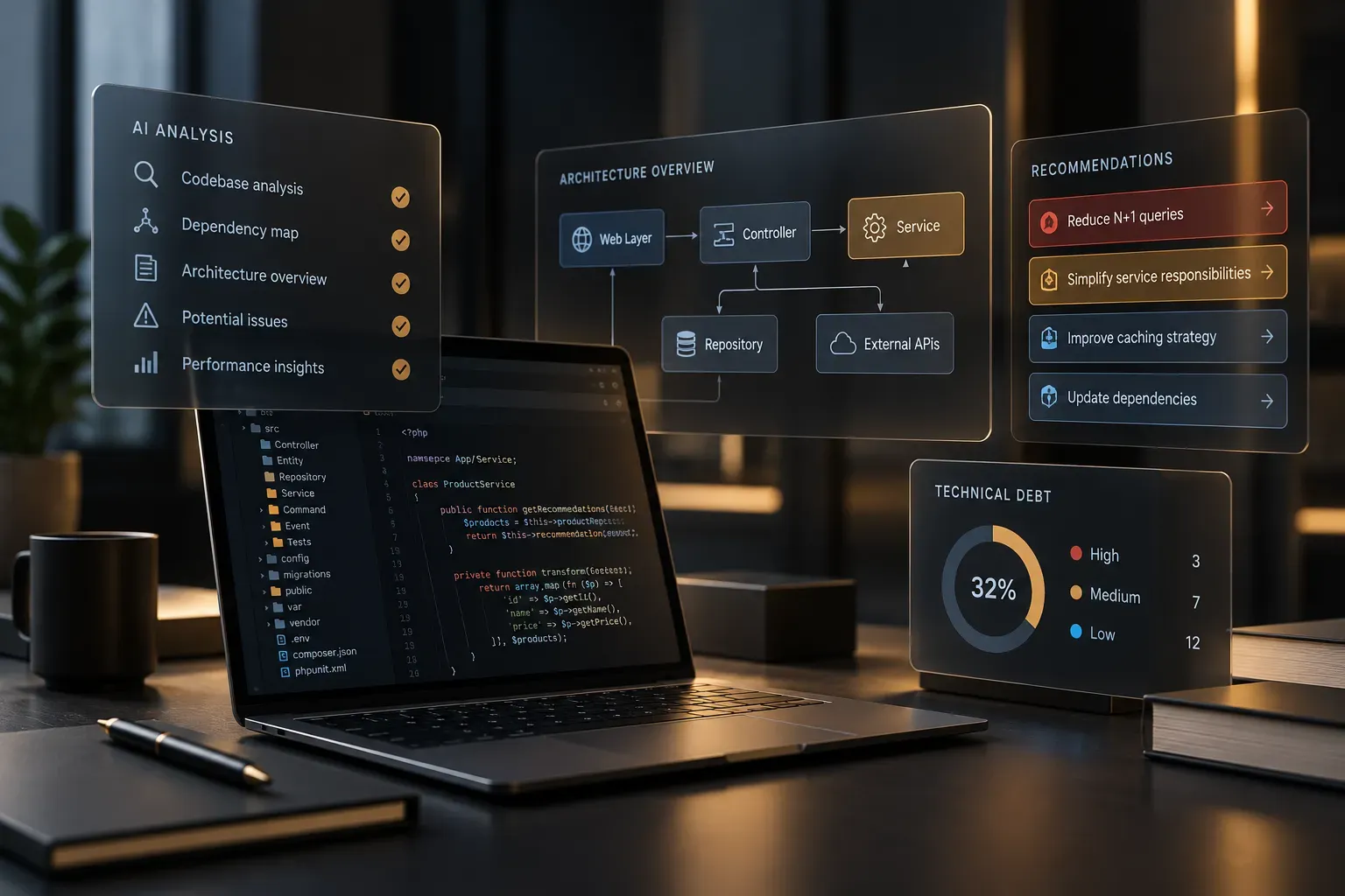 Laptop showing PHP code beside floating panels for AI analysis, an architecture overview, recommendations and a technical debt breakdown