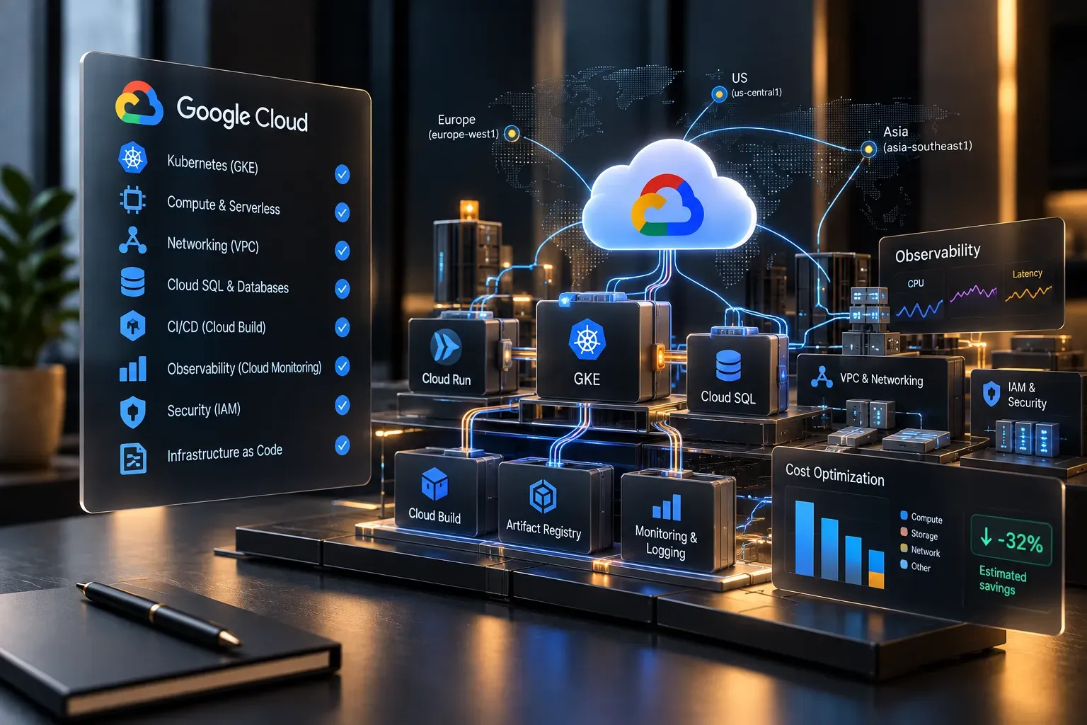 Google Cloud service panel beside a glowing platform of GKE, Cloud Run, Cloud SQL and build blocks, with observability and cost optimization dashboards