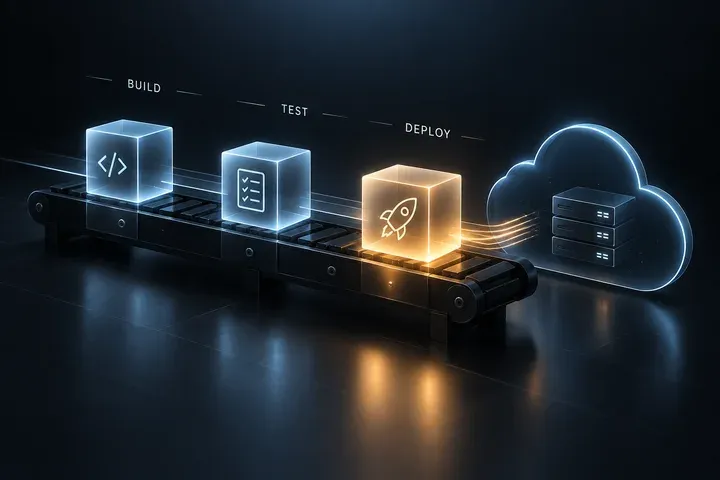 Build, test and deploy pipeline stages feeding into a cloud target