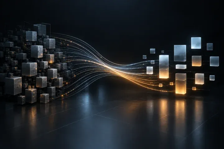 A legacy block of components streaming into a modern modular platform