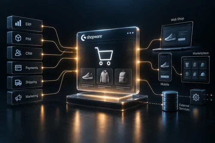 Shopware storefront wired to ERP, PIM, CRM and marketplace integrations