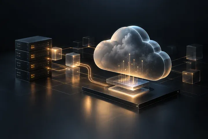 Isometric render of a Google Cloud instance connected to on-prem servers