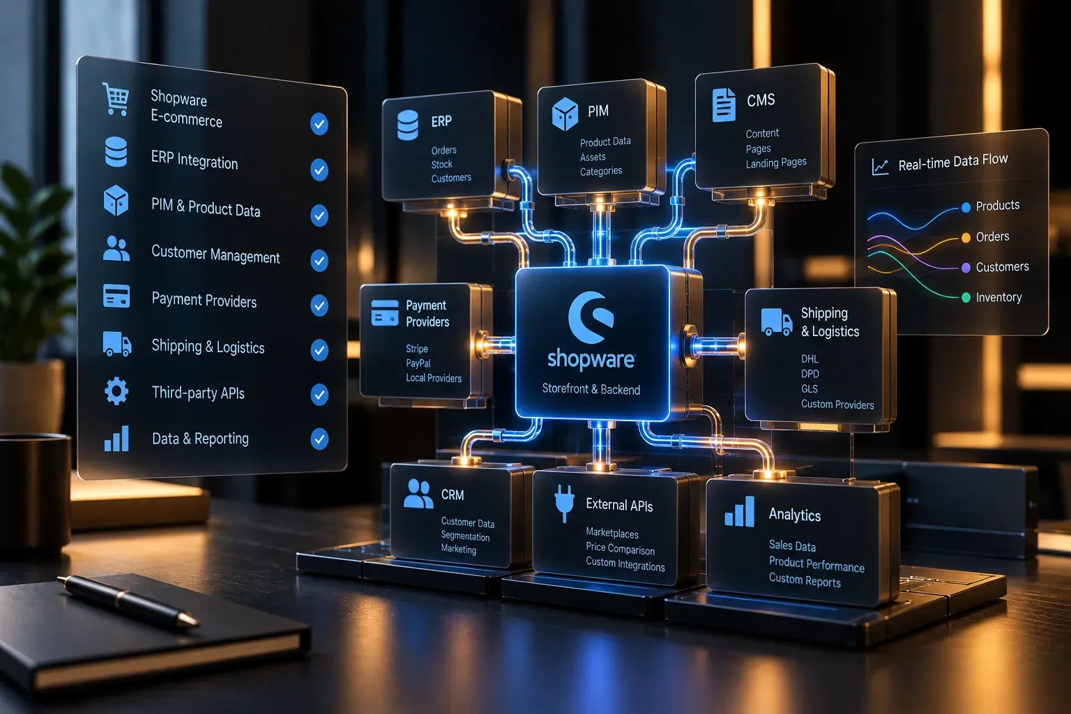 Shopware storefront hub wired to ERP, PIM, CMS, payment, shipping, CRM, external API and analytics blocks