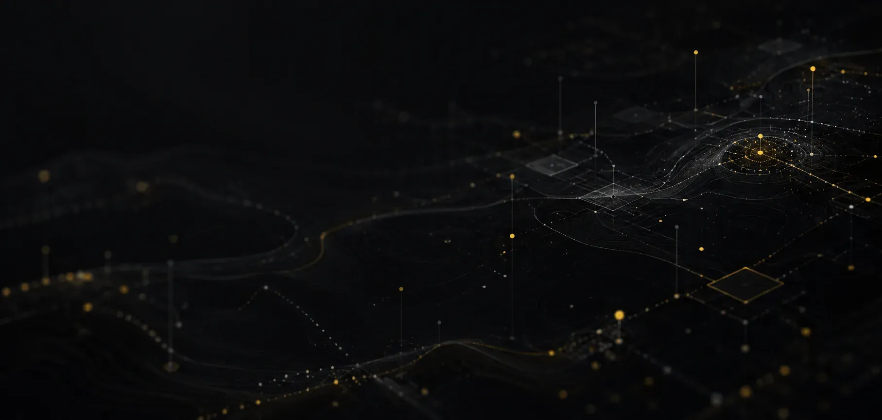 Abstract dark landscape of connected nodes and data paths, with a few points highlighted in yellow