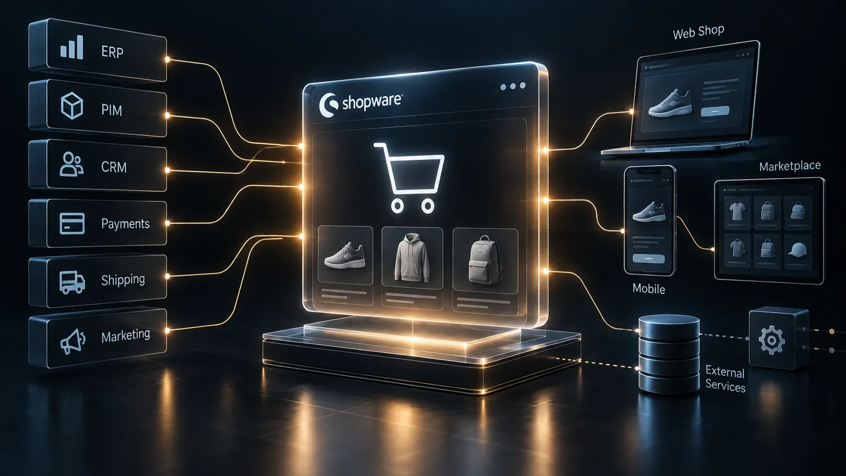 Shopware storefront wired to ERP, PIM, CRM, payments, shipping and marketplace integrations