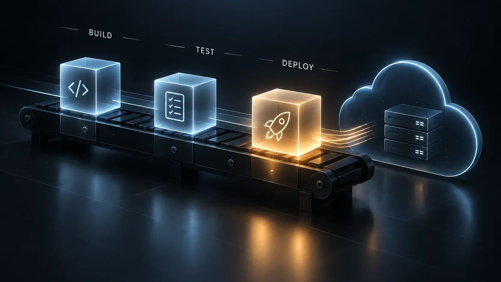 Build, test and deploy pipeline stages on a conveyor, feeding into a cloud target