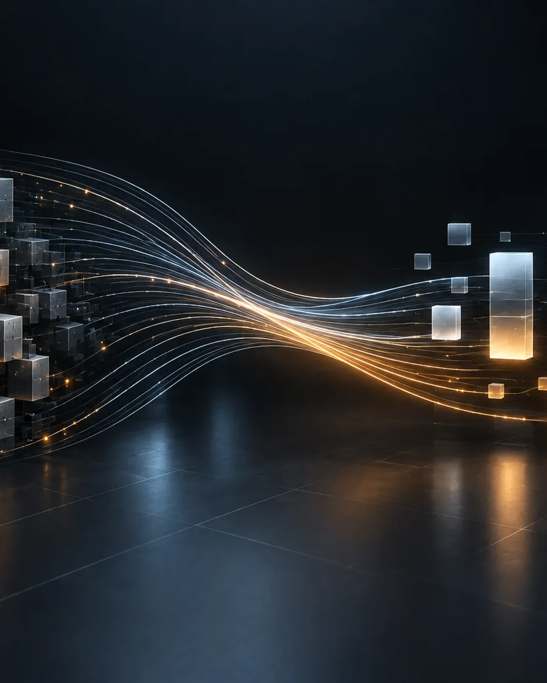 A legacy block of components streaming into a modern modular platform