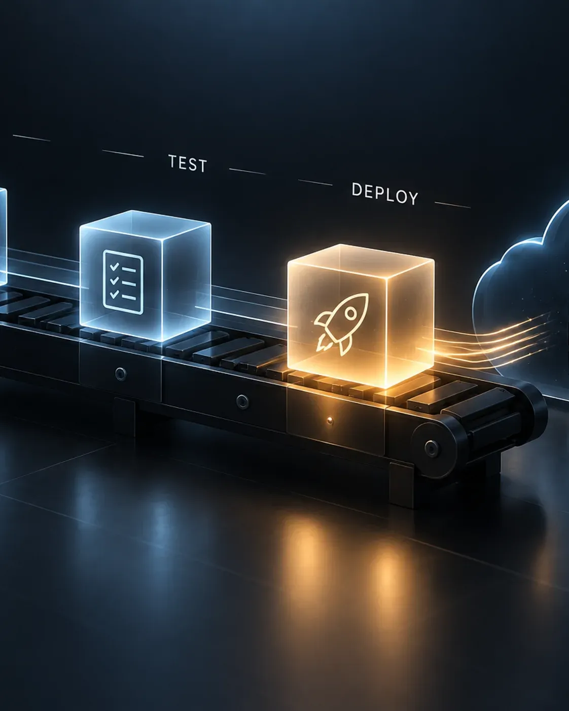 Build, test and deploy pipeline stages feeding into a cloud target