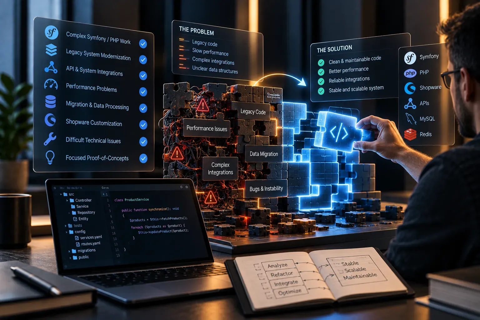 Engineer fitting a glowing code piece into a puzzle wall, turning legacy code, performance issues and complex integrations into a stable system