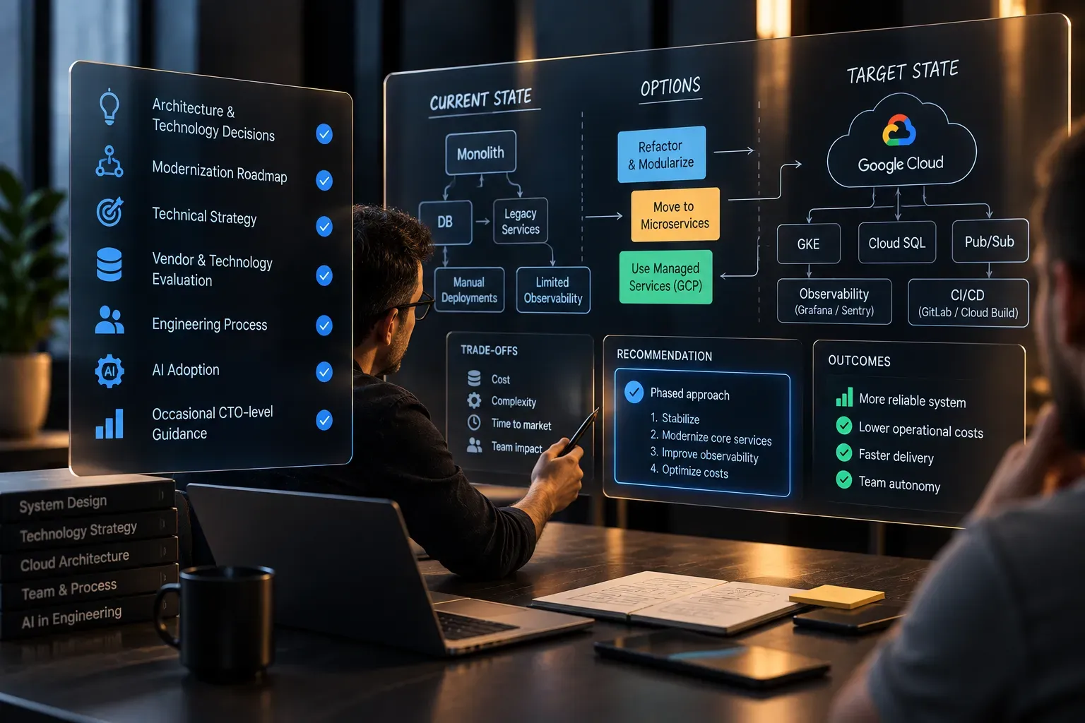 Engineer at a whiteboard mapping current state, options and a Google Cloud target state, with trade-offs, a phased recommendation and expected outcomes