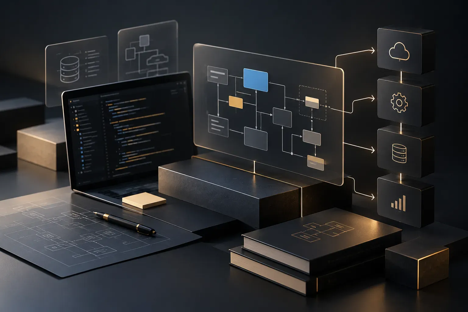 Laptop with code beside a glowing architecture diagram linked to cloud, services, database and metrics blocks